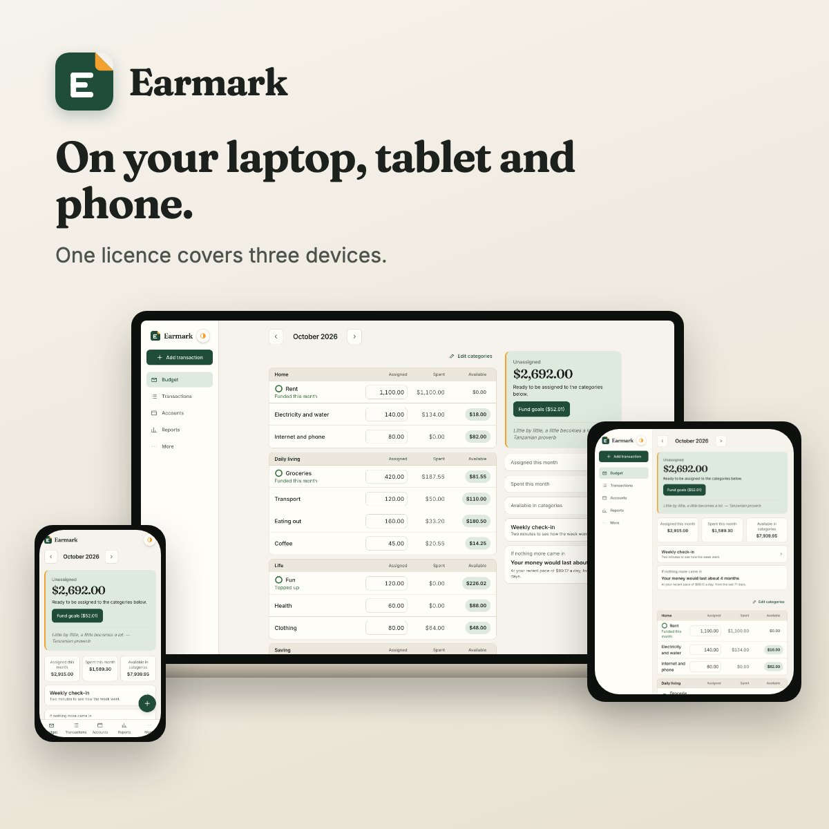 Earmark on a laptop, tablet and phone