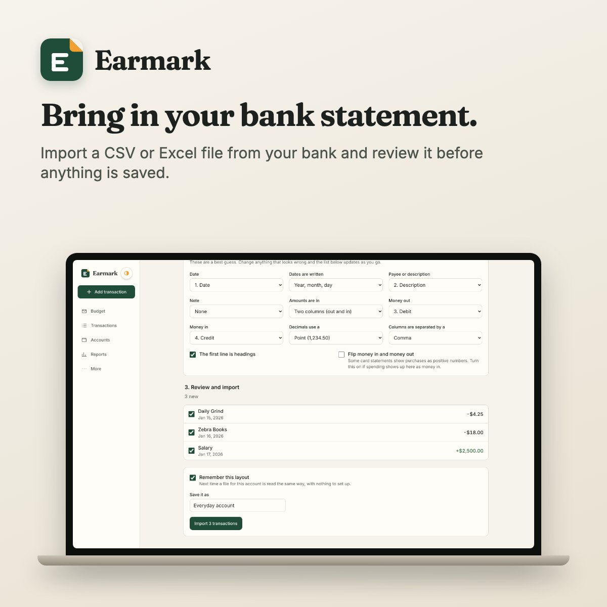 Reviewing an imported bank statement
