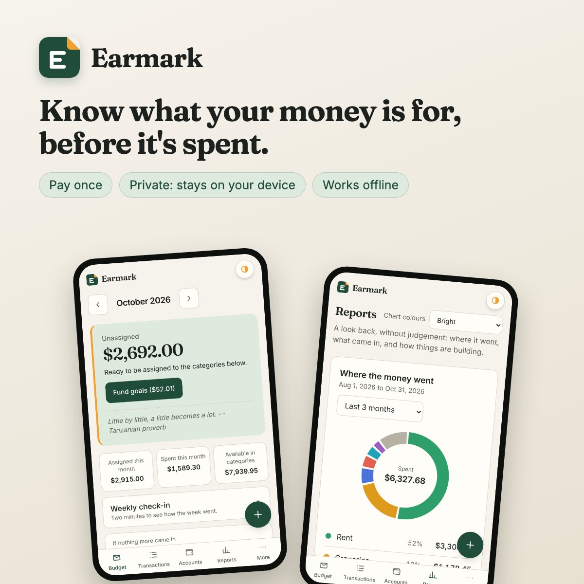 The Earmark budget and spending report on two phones